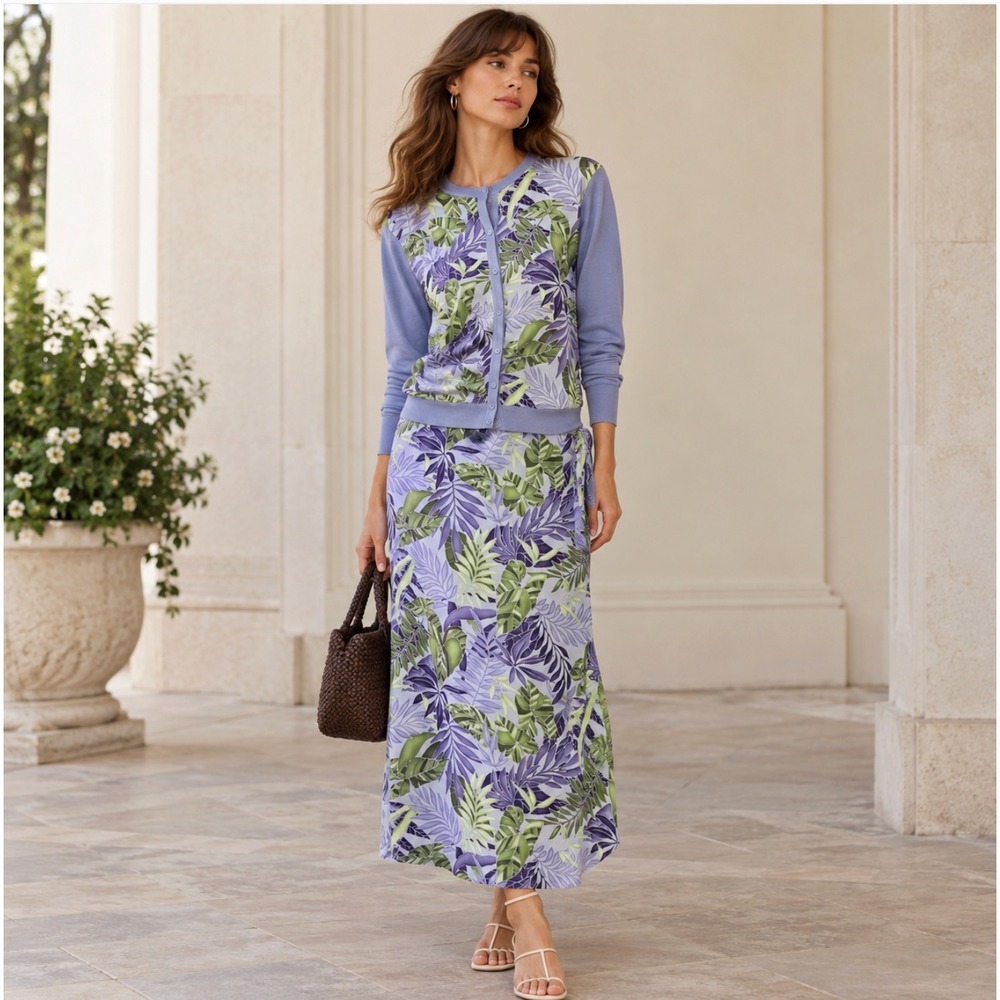 Vintage Silk Cardigan Skirt Set 90s Floral Tropical Luxury Spring Pastel Large